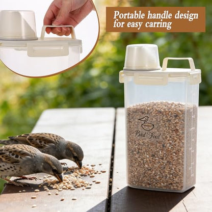 2 Pcs 3.17 Qt/3 L Bird Seed Storage Container Airtight- Portable Plastic Pet Food Container with Measuring Cup, Clear Wild Bird Seed Dispenser for Birds Pets Food Chicken Seed Storage, BPA Free