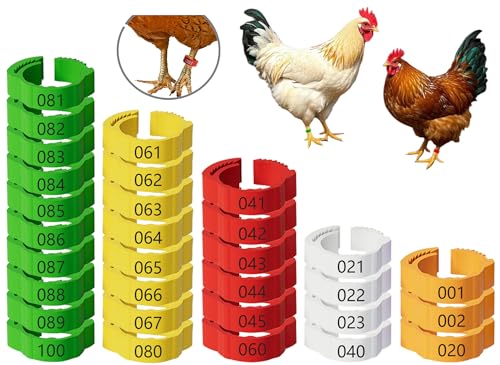 Adjustable 100 Pcs Chicken Leg Rings, Colorful Numbered Chicken Identification Leg Bands, Durable Poultry Leg Bands for Chickens Ducks Goose Turkey