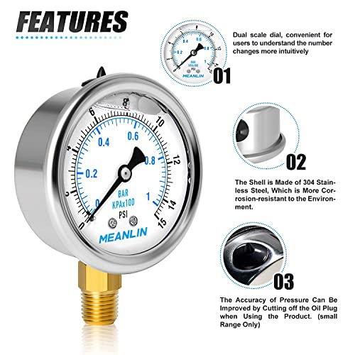 MEANLIN MEASURE 0~15Psi Stainless Steel 1/4" NPT 2.5" FACE DIAL Liquid Filled Pressure Gauge WOG Water Oil Lower Mount, with 1/2" NPT and 3/8" NPT Hex Bushing - size: 0-15Psi