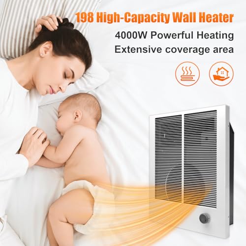 198 High Capacity Wall Heater supports recessed or surface mounting, 240 VAC, 4000W/2000W, Adjustable Front Thermostat For Living Rooms, Offices and Small Shops