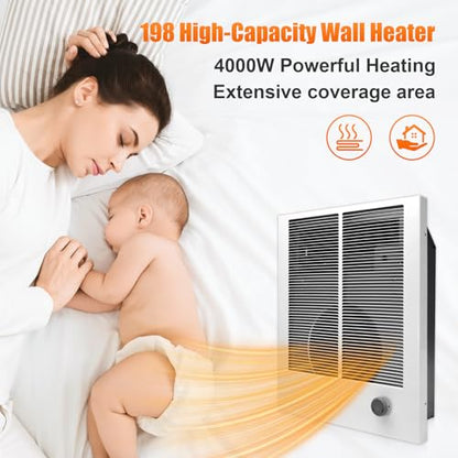 198 High Capacity Wall Heater supports recessed or surface mounting, 240 VAC, 4000W/2000W, Adjustable Front Thermostat For Living Rooms, Offices and Small Shops