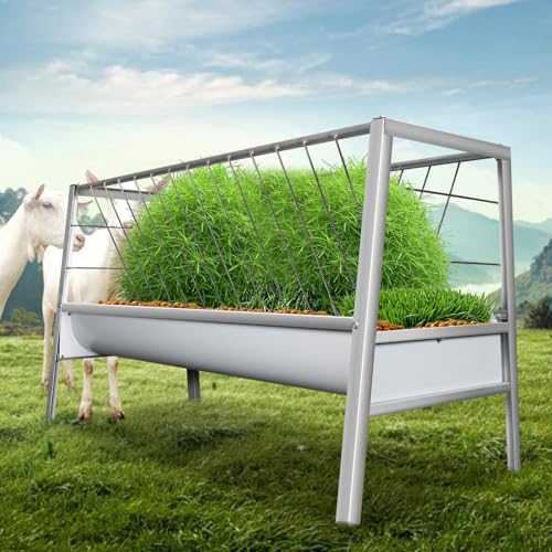 96 Gallon Capacity Pasture Feeder, Heavy Duty Alloy Steel Livestock Feeder, 2-in-1 Goat Hay Feeder with Deeper Feeding Pan for Sheep Farms Sheds (Galvanizing)