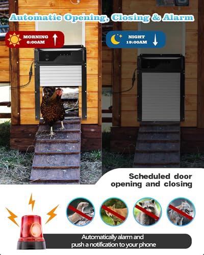 Automatic Chicken Coop Door with HD Camera, Solar Powered, 5000mAh Battery, WiFi App Remote Control & Timer, Night Vision, Anti-Pinch Sensor, Motion Alarm for Poultry Coop (Black)