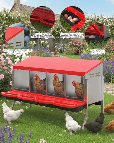 4 Hole Roll Away Chicken Nesting Box - Chickens Laying Box with Removable Tray, Easy Egg Collection & Cleaning, Metal Nesting Boxes for Backyard, Farm, Poultry Coop, with Bracket Legs - color: red, size: 4 Compartments with legs