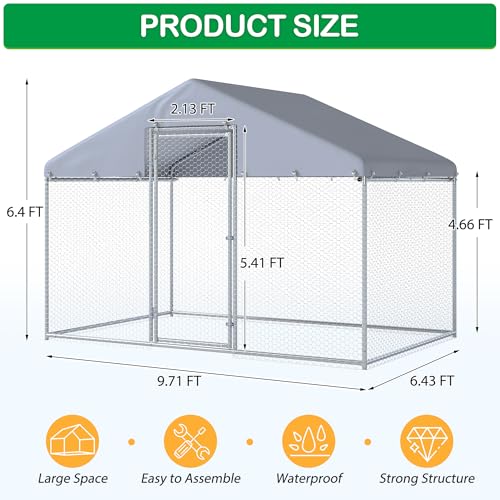 Large Metal Chicken Coop, Walk-in Chicken Run Pen with Anti-UV&Waterproof Cover, Spire Roof Poultry Cage for Outdoor, Backyard, Farm (6.4'FTx9.7'FT) - size: 117.0"L x 77.0"W x 77.2"H