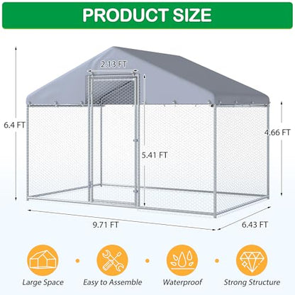 Large Metal Chicken Coop, Walk-in Chicken Run Pen with Anti-UV&Waterproof Cover, Spire Roof Poultry Cage for Outdoor, Backyard, Farm (6.4'FTx9.7'FT) - size: 117.0"L x 77.0"W x 77.2"H