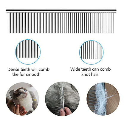 Dog Combs for Grooming, 2 Pack Metal Dog Comb with Rounded Teeth, Stainless Steel Cat Comb for Removing Tangles and Knots for Dogs and Cats