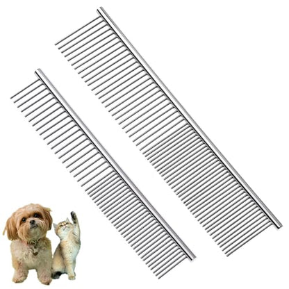 Flezoo 2PCS Dog and Cat Brush, Stainless Steel Pets Grooming Comb Kit, Detangler Deshedding Brush, Metal Knots Hair Remover 6.4" 7.5"