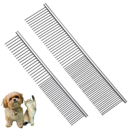Flezoo 2PCS Dog and Cat Brush, Stainless Steel Pets Grooming Comb Kit, Detangler Deshedding Brush, Metal Knots Hair Remover 6.4" 7.5"