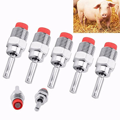 5 Pieces Automatic Pig Waterers Thread Stainless Steel Pig Waterer Nipple Fountains Drinkers with Red Hat Long Rod Water Trough for Sows Piglets Drinking Water