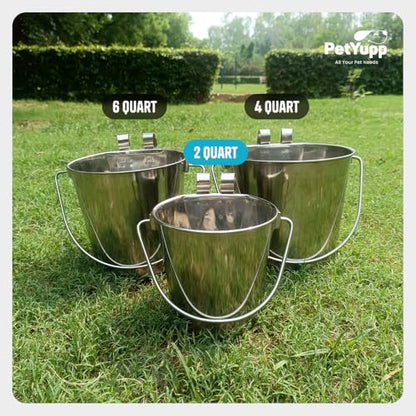 Half Gallon Stainless Steel Bucket - Heavy Duty Flat-Side Metal Bucket for Pets & Livestock Feeding - Rust Resistant Water Bucket with Hooks for Kennels, Cages, Crates & Fences - 2 Quart - size: 2 Quarts