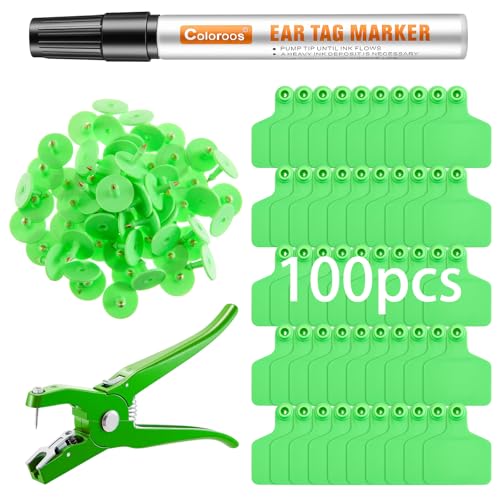 Geelin 100 Pcs Blank Cattle Ear Tags 1 Marking Pen Cow Livestock Ear Applicator Label Tags Set for Cattle Cow Horse Pig Goat Sheep(Green) - color: Green