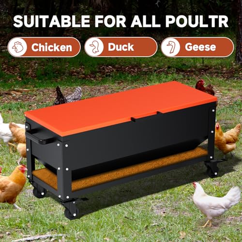 Heavy Duty Chicken Feeder 120 lbs Large Capacity, Metal Automatic Poultry Feeding Box with Waterproof Lid, Raised Standing Feeder with Wheels for Hens & Roosters, Portable & Easy to Move - color: Orange