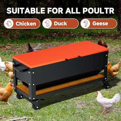 Heavy Duty Chicken Feeder 120 lbs Large Capacity, Metal Automatic Poultry Feeding Box with Waterproof Lid, Raised Standing Feeder with Wheels for Hens & Roosters, Portable & Easy to Move - color: Orange