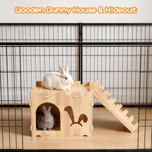 BWOGUE Extra Large Wooden Rabbit Castle Bunny House and Hideouts Detachable Small Animal Play Hideaway Hut for Indoor Adult Rabbit Guinea Pig Chinchilla Habitat - style: Modern