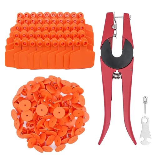 LIUCOGXI Blank 100 Sets Orange Cattle Ear Tag with Applicator Livestock Ear Tag Kits for Pig Cattle Cow Dog - color: Orange