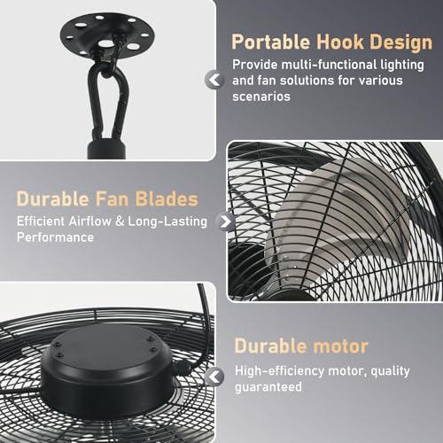 AHAWILL 22.8" Gazebo Patio Outdoor Fan - 360 Rotatable Fixed Angle, Plug-in, 6 Speeds, Timer & Reversible, 2-in-1 Hanging/Standing for Tool Room,Garage. - size: 23inch-no light
