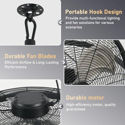 AHAWILL 22.8" Gazebo Patio Outdoor Fan - 360 Rotatable Fixed Angle, Plug-in, 6 Speeds, Timer & Reversible, 2-in-1 Hanging/Standing for Tool Room,Garage. - size: 23inch-no light