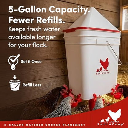 RentACoop 5 Gallon Chicken Waterer with 4 Auto-Fill Water Cups, 4 Horizontal Nipples, and Custom Adjustable Stand; BPA-Free; Large Capacity Poultry Waterer- Corner Placement