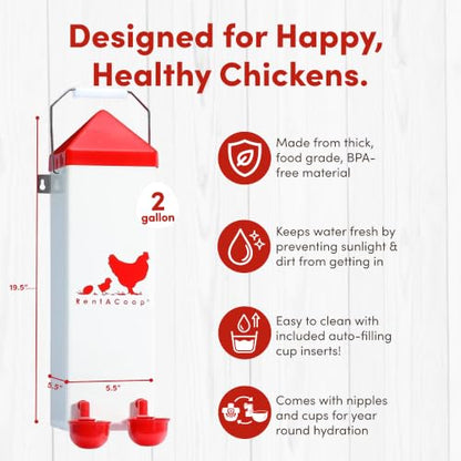 RentACoop 2 Gallon High Rise Chicken Waterer with Auto-Fill Cups, Horizontal Nipples, Anti-Roost Cone and Mounting Kit - Suitable for Chickens, Quail, Ducks, Geese, Turkey and More