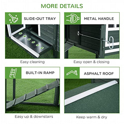 PawHut 84" Wooden Chicken Coop, Hen House Outdoor with Run Nesting Box, Asphalt Roof, Removable Tray, Ramp, Poultry Cage for 2-3 Chickens, Green - color: Green