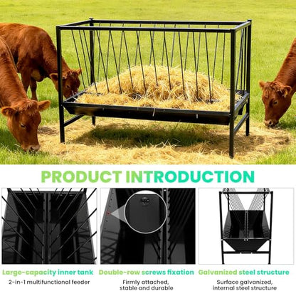 45 Gallons Heavy Duty Hay Feeder with 25 Gallon Feed Tray, Surface Galvanizing Treatment Goat Hay Feeder, Non Deformed Livestock Shelter, Quick Assembly Hay Feeder for Cows, Goats, Horses, Pigs
