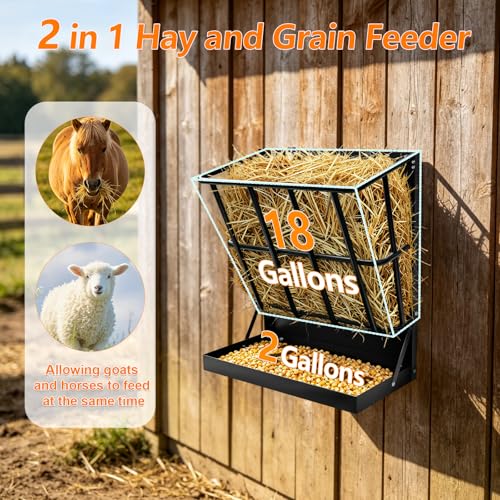 2-in-1 Wall Mount Goat Hay Feeder Rack with Grain Tray, Heavy-Duty Galvanized Steel Livestock Feeder for Goats Sheep Horses - color: Black