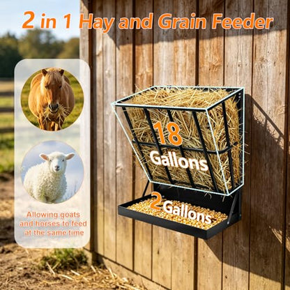 2-in-1 Wall Mount Goat Hay Feeder Rack with Grain Tray, Heavy-Duty Galvanized Steel Livestock Feeder for Goats Sheep Horses - color: Black