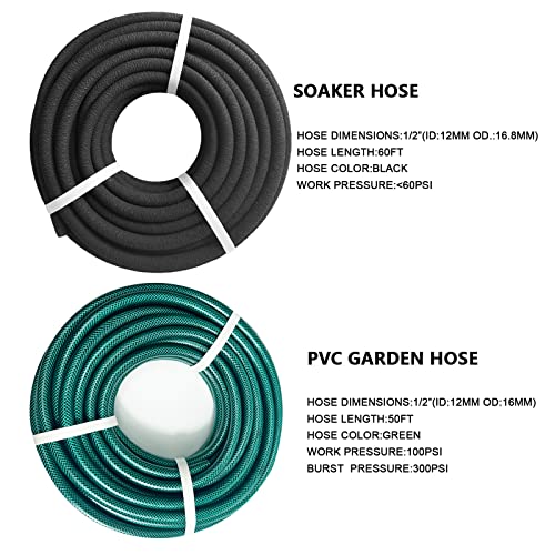 AMRITA Soaker Hose for Garden 60ft,PVC Garden Hose 50ft, 1/2" Drip Hose Linkable Consistent Irrigation Hose Save 70% Water, Heavy Duty Round Soaker Hose for Garden Bed Foundation.(1/2-60ft+50ft) - color: 1/2"(60FT)+(50FT) PVC