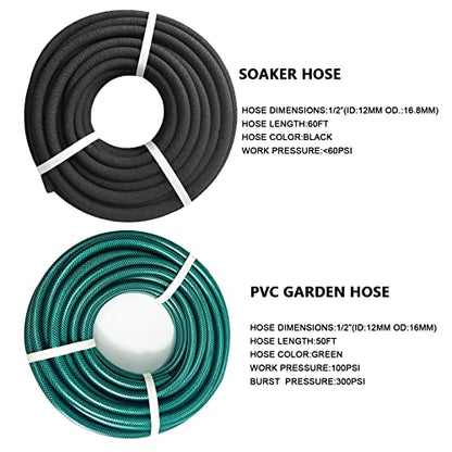AMRITA Soaker Hose for Garden 60ft,PVC Garden Hose 50ft, 1/2" Drip Hose Linkable Consistent Irrigation Hose Save 70% Water, Heavy Duty Round Soaker Hose for Garden Bed Foundation.(1/2-60ft+50ft) - color: 1/2"(60FT)+(50FT) PVC
