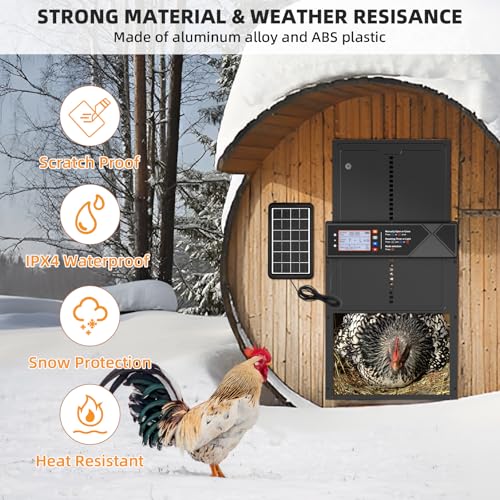 Automatic Chicken Coop Door Solar Powered, LCD Screen Electric Chicken Coop Door with Timer & Light Sensor, Aluminum Alloy Automatic Chicken Door with Anti-Pinch, Remote Control & 4 Working Modes