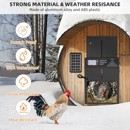 Automatic Chicken Coop Door Solar Powered, LCD Screen Electric Chicken Coop Door with Timer & Light Sensor, Aluminum Alloy Automatic Chicken Door with Anti-Pinch, Remote Control & 4 Working Modes