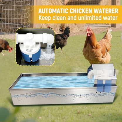 Automatic Chicken Waterer Dispenser Stainless Steel Poultry Waterer Dispenser with Float Valve Kit and Drain Hole Hanging Chicken Watering System for Hen Pigeon Duck Goose Turkeys