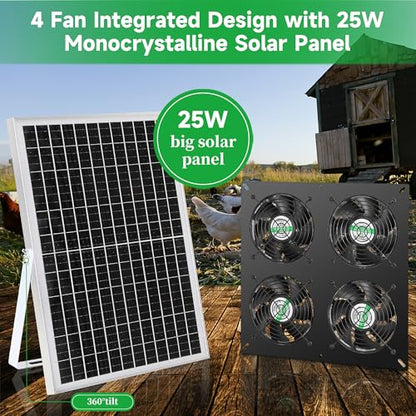 blessny 25W Solar 4 Fan Kit for Outdoor Greenhouse, Solar Powered Vent Exhaust Ventilation Fan for Chicken Coop, Shed Air Circulation, 14.7 Ft Long Cord with IP65 Weatherproof Rate - size: 4 Fan Kit