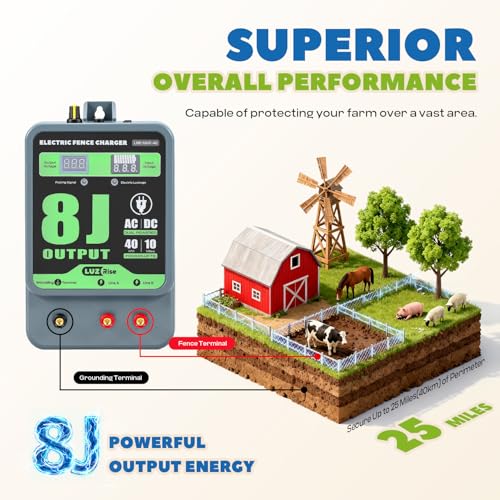 8J Electric Fence Charger AC DC Powered Fence Controller 2 in 1 Fence Energizer Electric with 8 Joules Output &7-13KV Adjustable, Alarm Function, 40KM Range for Livestock/Farmland/Garden (8J)