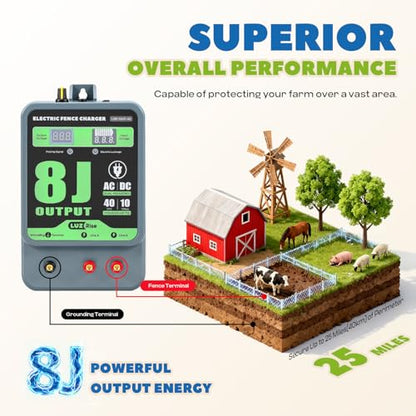 8J Electric Fence Charger AC DC Powered Fence Controller 2 in 1 Fence Energizer Electric with 8 Joules Output &7-13KV Adjustable, Alarm Function, 40KM Range for Livestock/Farmland/Garden (8J)