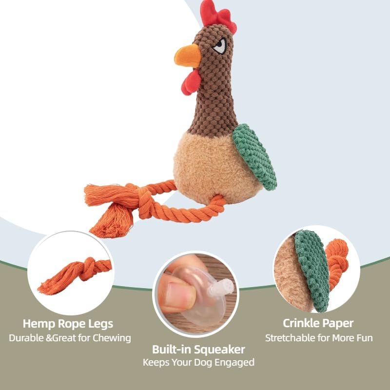 Plush Chicken Dog Toy with Squeaker, Interactive Rope Legs for Small and Medium Dogs, Multicolor Tug and Fetch Chew Rooster Toy - color: Brown Rooster