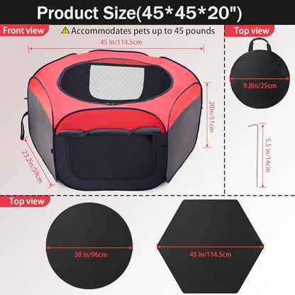 Foldable Brooder Box for Chick,Chick Fence Portable Dog Playpen Cage with Floor Mat, Large Dog Tent Oxford Fabric Cage Indoor/Outdoor, Red and Black