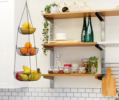 CAXXA 3-Tier Hanging Basket Fruit Organizer Kitchen Heavy Duty Wire Organizer with 2 Free Bonus Metal Ceiling Hooks, Black - color: Black