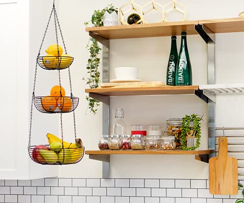 CAXXA 3-Tier Hanging Basket Fruit Organizer Kitchen Heavy Duty Wire Organizer with 2 Free Bonus Metal Ceiling Hooks, Black - color: Black