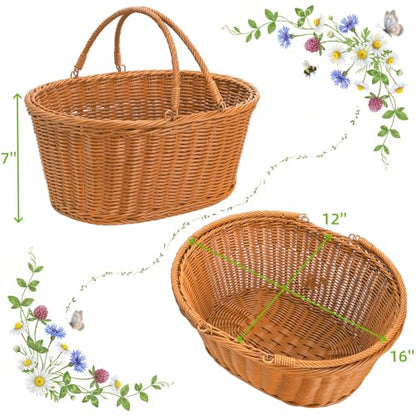 Wicker Picnic Basket, Large Empty Harvest Basket with Handle, Hand Woven Oval Willow Candy Storage Basket for Easter Eggs, Fruit, Flower, Wedding