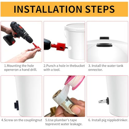 5 Sets Automatic Pig Nipple Drinkers Kit Auto Pig Watering System Stainless Steel with 5 Pcs Brass Water Tank Connector Hole Opener and Tape for Pig Goats Swine Piglets Drinking