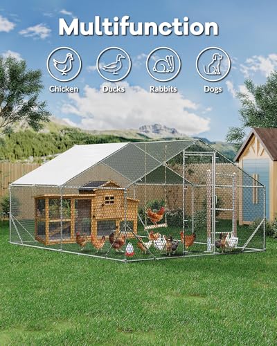 GarveeLife Large Metal Chicken Coop, Chicken Run for 6/10 Chickens, Outdoor Walk in Poultry Cage with Anti-UV Cover and Waterproof, 6.56 x 9.84 x 6.56 ft - size: 118" W x 79" D x 79" H