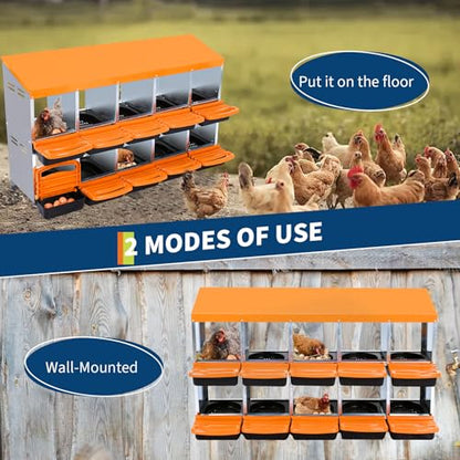 10-Hole Chicken Nesting Box, 2-Tier 10 Compartment Metal Roll Away Egg Laying Box with Lid & Legs, Easy Egg Collection, Galvanized Steel Rustproof Poultry Laying Boxes for Hens, Ducks, Farm, Yard - size: 10 holes-Orange