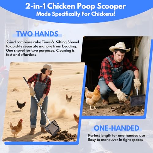 VEEMI Chicken Poop Scooper Rake 2-in-1,304 Stainless Steel Shovel Head, Chicken Litter Scoop with Handle for Chicken Coop for Sand, Pet Waste Cleaning, Litter Sifting Shovel (35 to 65")