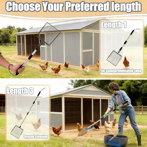 Chicken Poop Scooper & Rake, 3 in 1 Chicken Coop Scoop 23" to 42" Adjustable, Durable Metal Sifting Litter Shovel, Chicken Coop Accessories for Chickens Coop, Small Farm Animals, Cat Litter