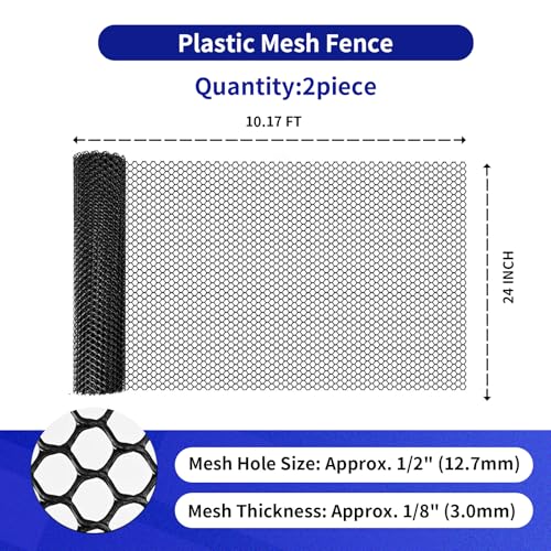 2-Rolls MAISHI 24" x 10ft Plastic Chicken Fence- 1/2"(12.7mm) Hole Poultry Netting for Chick Brooder & Nursery - Lightweight Rustproof Garden Fencing for Small Animals, Easy Cut HDPE Barrier, Black