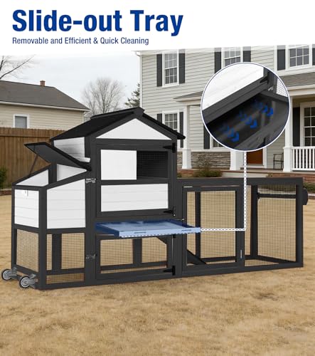 Chicken Coop with Run Mobile Large Chicken Coop with Wheels Duplex Chicken Cage with Slide-Out Tray Waterproof Roof Outdoor Backyard Hen House Black and White - color: Black and White