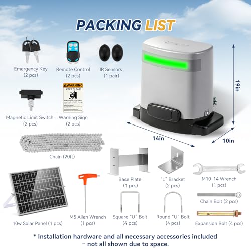 1300lbs Solar Sliding Gate Opener Chain Drive with Built-in Backup Battery, WiFi Remote Control, IR Sensor, Automatic Gate Motor for Heavy Driveway Slide Gates, Off-Grid Operation with Solar Panel | Wi-Fi Version