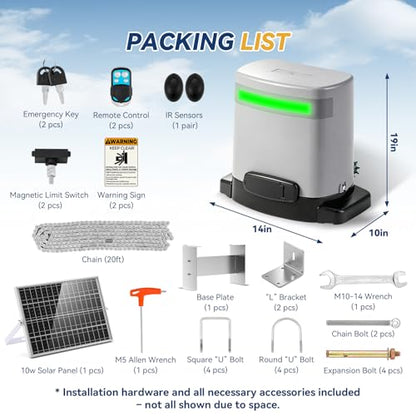 1300lbs Solar Sliding Gate Opener Chain Drive with Built-in Backup Battery, WiFi Remote Control, IR Sensor, Automatic Gate Motor for Heavy Driveway Slide Gates, Off-Grid Operation with Solar Panel | Wi-Fi Version